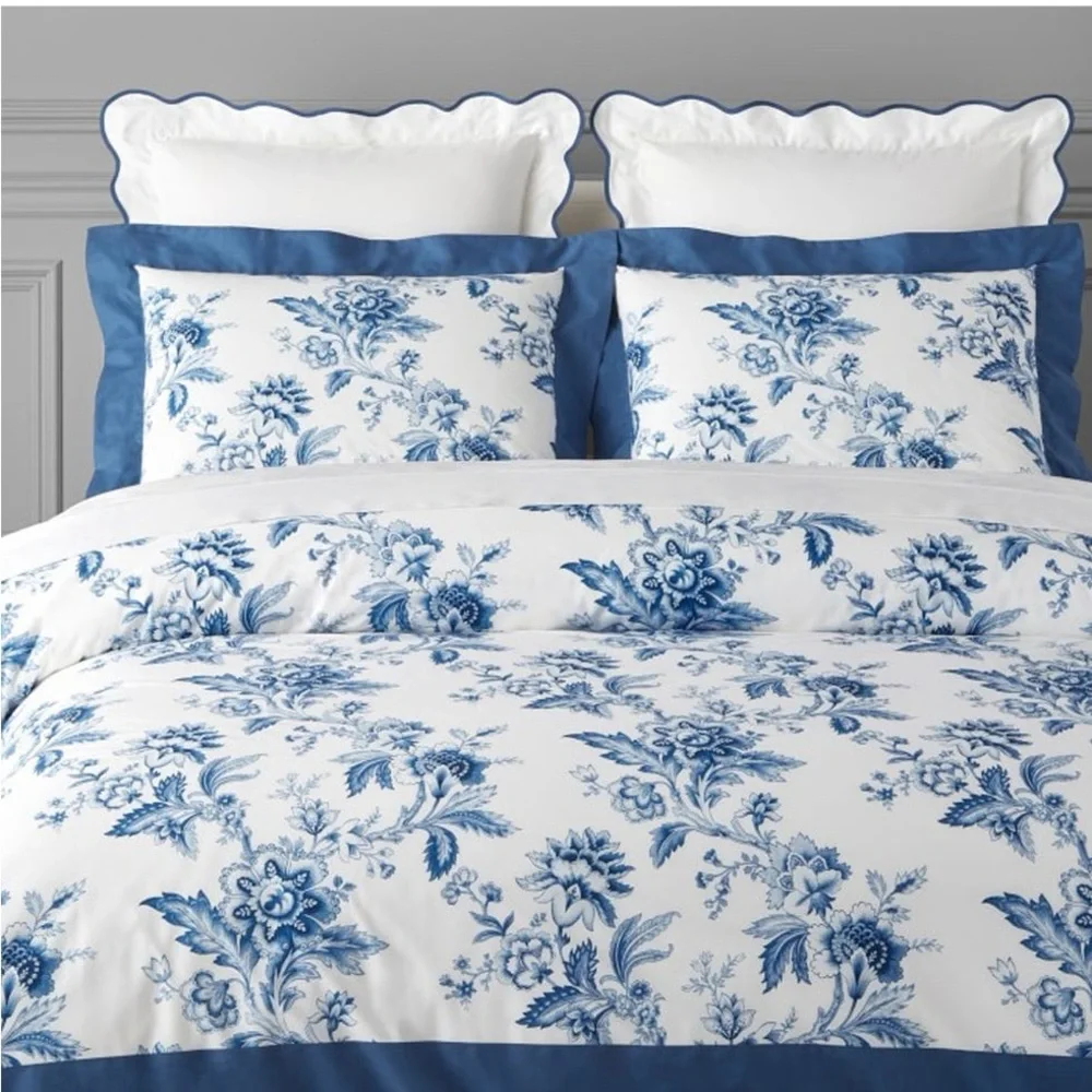 Williams Sonoma Set King Duvet Cover Euro Sham Aerin Fairfield Floral Blue EUC